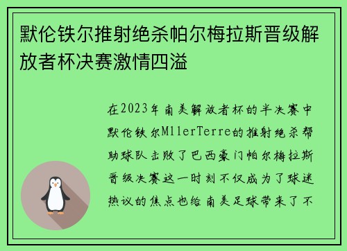 默伦铁尔推射绝杀帕尔梅拉斯晋级解放者杯决赛激情四溢 默伦铁尔推射绝杀帕尔梅拉斯晋级解放者杯决赛激情四溢