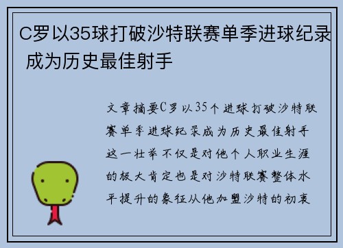 C罗以35球打破沙特联赛单季进球纪录 成为历史最佳射手 C罗以35球打破沙特联赛单季进球纪录 成为历史最佳射手